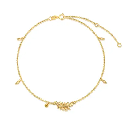 14K Gold Leaves & Bead & Feather Single Chain Anklet