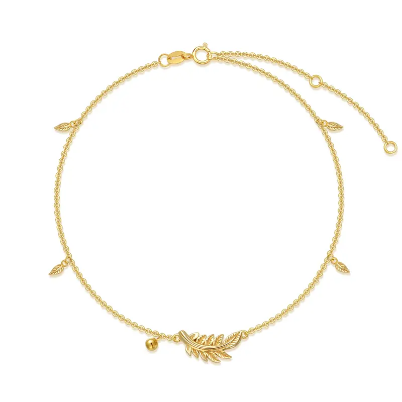 14K Gold Leaves & Bead & Feather Single Chain Anklet