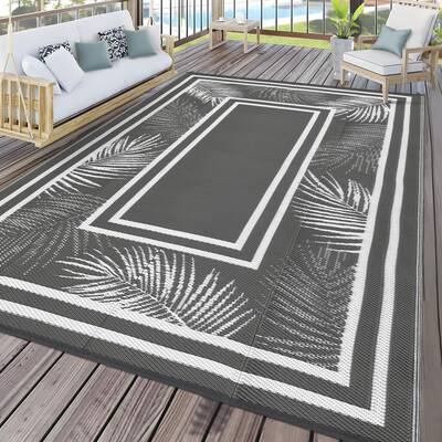 Garvee Outdoor Grey & White 8x10 Rug, Waterproof Reversible Plastic Straw Durable UV-Resistant Soft Underfoot Portable with C...