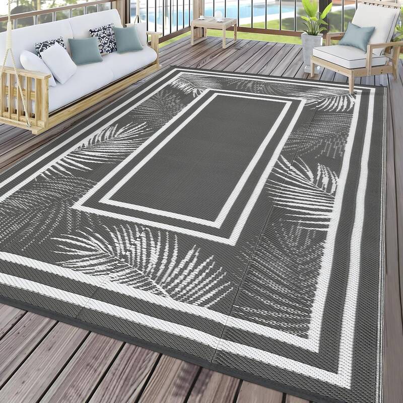 Garvee Outdoor Grey & White 8x10 Rug, Waterproof Reversible Plastic Straw Durable UV-Resistant Soft Underfoot Portable with C...
