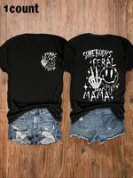 Women's Letter & Skeleton Hand Print Round Neck Tee, Fashion Casual Short Sleeve T-shirt for Daily Wear, Ladies Clothes for A...