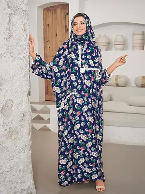 Women's Ditsy Floral Print Long Sleeve Maxi Prayer Dress with Hijab, Casual Elegant Modest Long Robe, Women's Islamic Clothin...