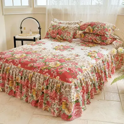 Floral Print Ruffled Edge Bed Skirt Set, 3 Counts/set Including 1 Count Bed Skirt & 2 Counts Pillowcase without Filler, Soft ...