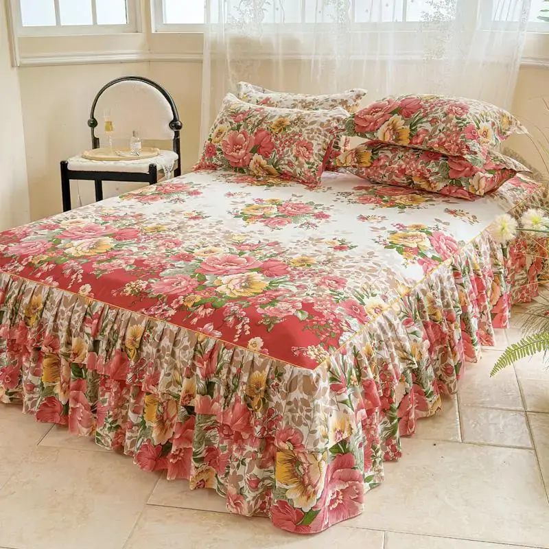 Floral Print Ruffled Edge Bed Skirt Set, 3 Counts/set Including 1 Count Bed Skirt & 2 Counts Pillowcase without Filler, Soft ...