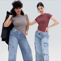 PUMIEY Crew Neck Short Sleeve Tops Women's Double Lined Slim Fit T Shirts Basic