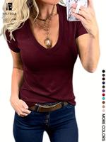 Women's Solid Deep V Neck Short Sleeve Tee, Casual Summer Clothes Women, T Shirts for Women, Minimalist Plain T-shirt for Sum...