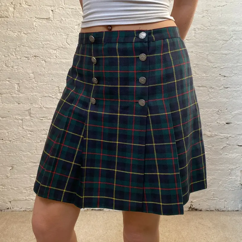 Superior Checked Mini Skirt - 30W UK 10 Green Virgin Wool