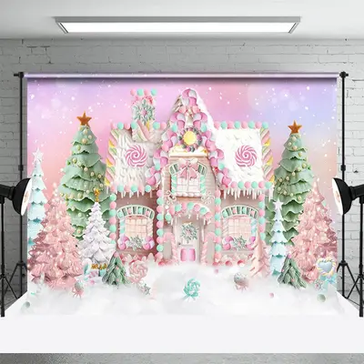 Colorful Candy House Xmas Tree Christmas Backdrop - Aperturee