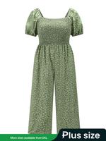 【Plus Size】 All Over Print Shirred Wide Leg Jumpsuit, Casual Shortsleeve Jumpsuit for Summer, Women's Plus Clothing for D...