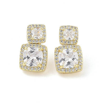 Square Brass Pave Clear Cubic Zirconia Stud Earrings with Glass for Women