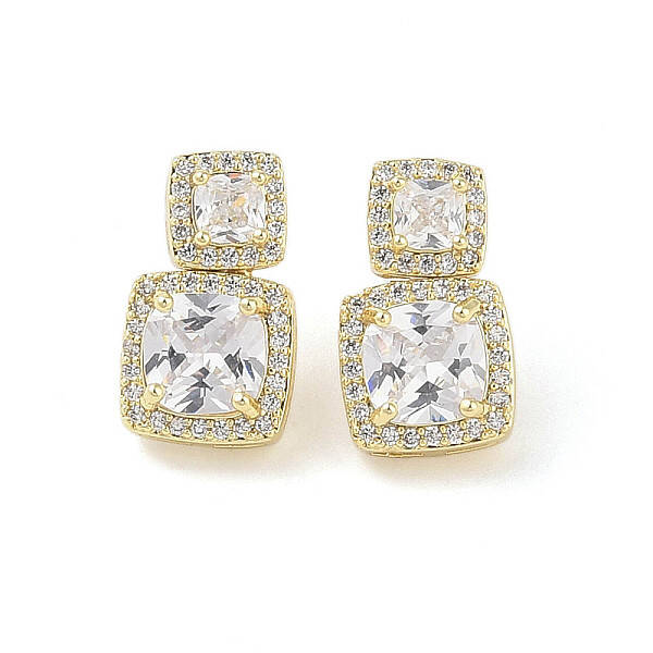 Square Brass Pave Clear Cubic Zirconia Stud Earrings with Glass for Women