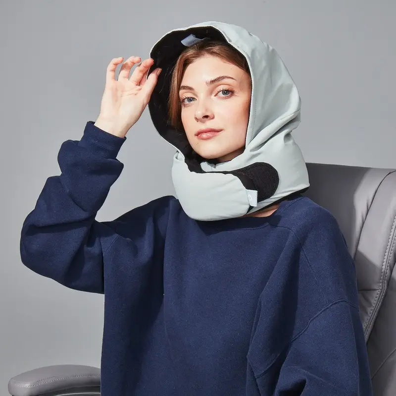 Pluto POD 2.0 Patented Travel Pillow for Flights, 360° Neck Support, Built-In Eye Mask & Hood, Compact & Lightweight