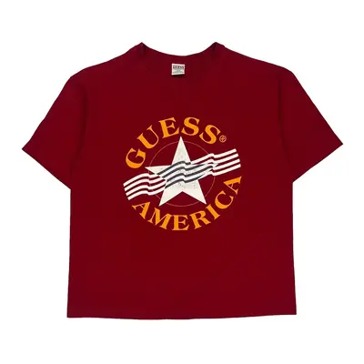 Single Stitch Guess Spellout T-Shirt - Large Red Cotton