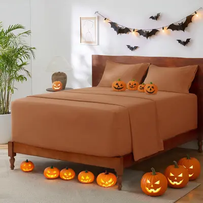 Bedsure Deep Pocket with Band Sheets Set 4 Pieces Halloween Pumpkin Caramel, Fit for Tall Mattresses 14-21'', Soft, Breathabl...