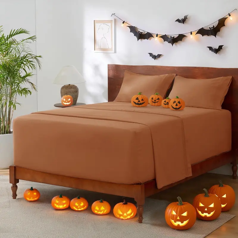 Bedsure Deep Pocket with Band Sheets Set 4 Pieces Halloween Pumpkin Caramel, Fit for Tall Mattresses 14-21'', Soft, Breathabl...
