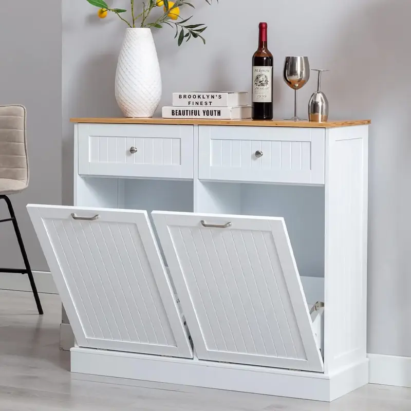 Double Single Tilt Out Trash Can Cabinet For 10 20 Gallon, Freestanding Wooden Recycling Kitchen Trash Cabinet with Drawer & ...