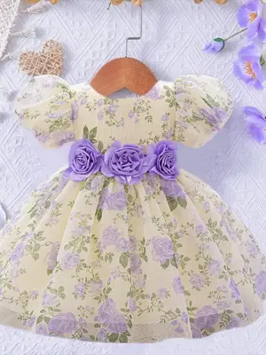 Baby Girl's Floral Print Bow Back A Line Dress, Cute Puff Sleeve Round Neck Bow Back Dress for Party Wedding Guest, Newborn...