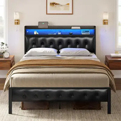 HAUSOURCE Bed Frame with Storage Headboard & Footboard Upholstered Platform Bed with LED Lights USB Ports & Outlets No Box Sp...