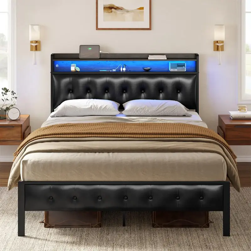 HAUSOURCE Bed Frame with Storage Headboard & Footboard Upholstered Platform Bed with LED Lights USB Ports & Outlets No Box Sp...