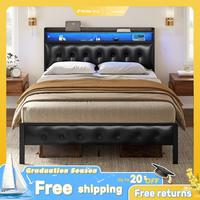Bed Frame with Storage Headboard & Footboard Upholstered Platform Bed with LED Lights USB Ports & Outlets No Box Spring Neede...