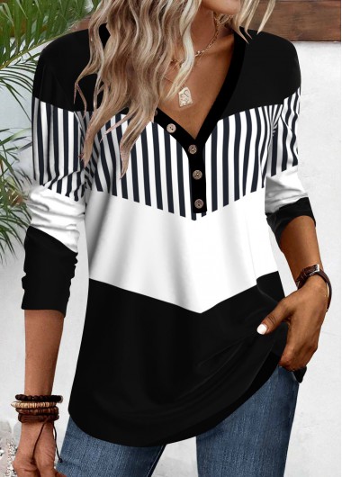 Modlily Black Button Geometric Print Long Sleeve T Shirt - XXL