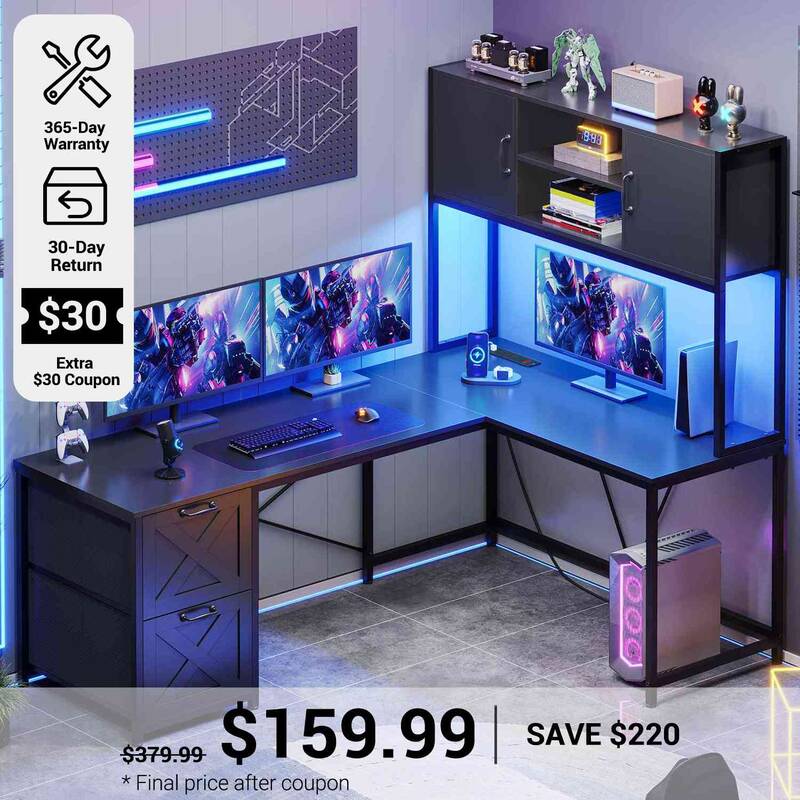 SEDETA | 62.2 Inch Reversible L Shaped Gaming Computer Desk with Drawers and Storage Hutch Black Home Office Furniture