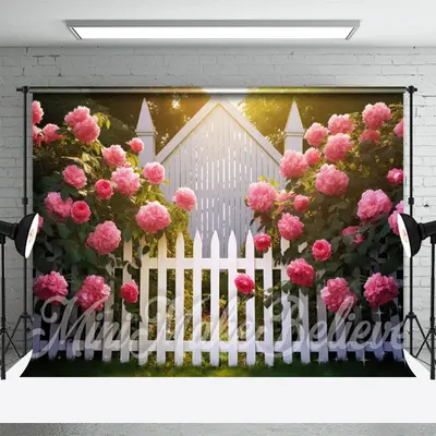 Pink Blooming Flowers Garden Fence Wedding Backdrop - Aperturee