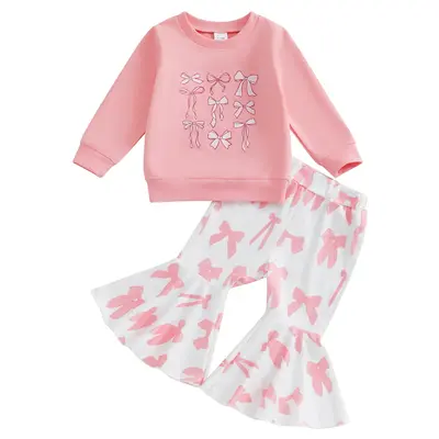 KIds Toddler Baby Girls Fall Winter Clothes Outfits Bell Bottoms Sets Bow Print Long Sleeve Sweatshirt Tops +Long Flare Pants...