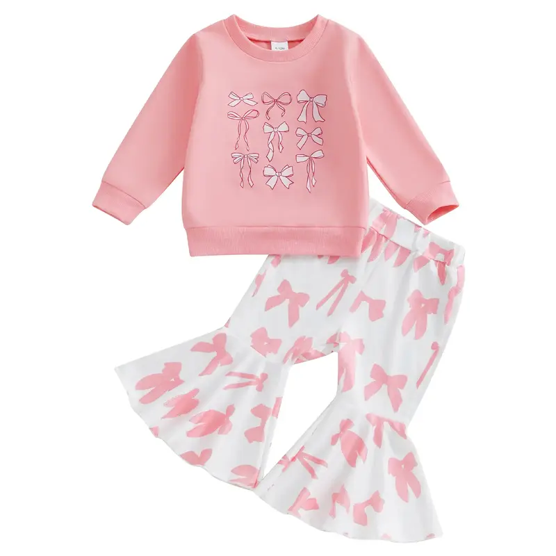 KIds Toddler Baby Girls Fall Winter Clothes Outfits Bell Bottoms Sets Bow Print Long Sleeve Sweatshirt Tops +Long Flare Pants...