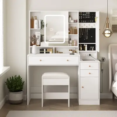Vabches White Vanity Desk with Mirror and Lights, Vanity Table Makeup Vanity with Lights 3 Drawers and Cabinets