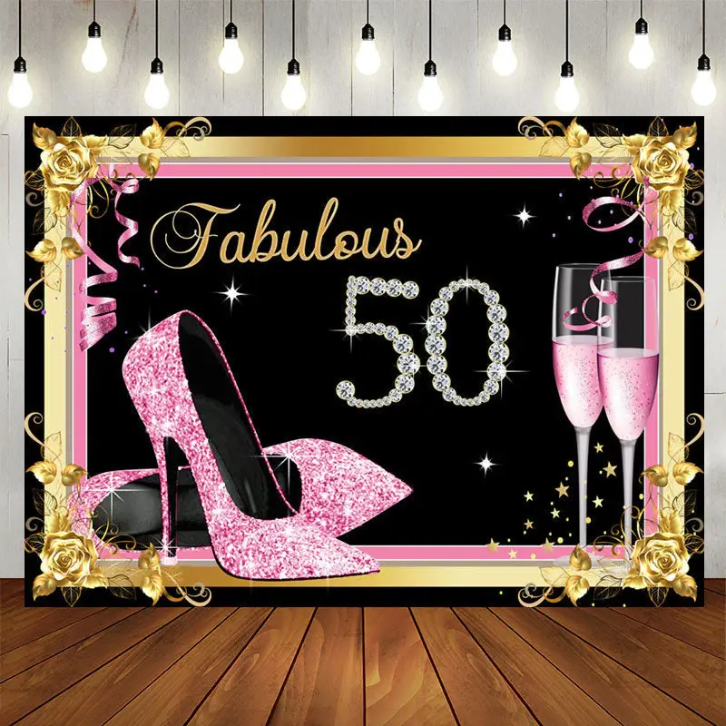 Aperturee Fabulous 50 Pink Gold Diamonds Birthday Backdrop