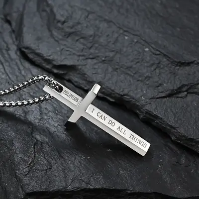 Silver/Black Letter Cross Necklace Waterproof Pendant Titanium Steel Material Daily Wear Gift