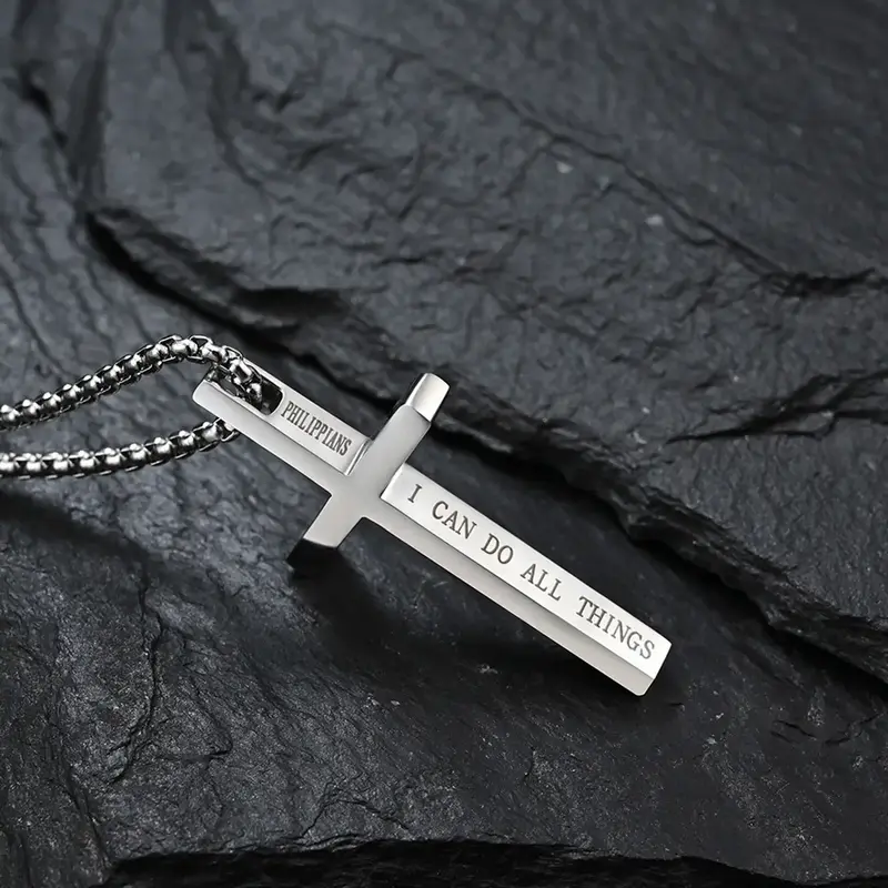 Silver/Black Letter Cross Necklace Waterproof Pendant Titanium Steel Material Daily Wear Gift