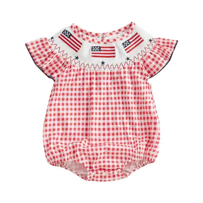 4th Of July Baby Girl Outfits Newborn Usa Flag Smocked Romper Infant Patriotic Plaid Print Buuble Onesie Toddler Summer T Shi...