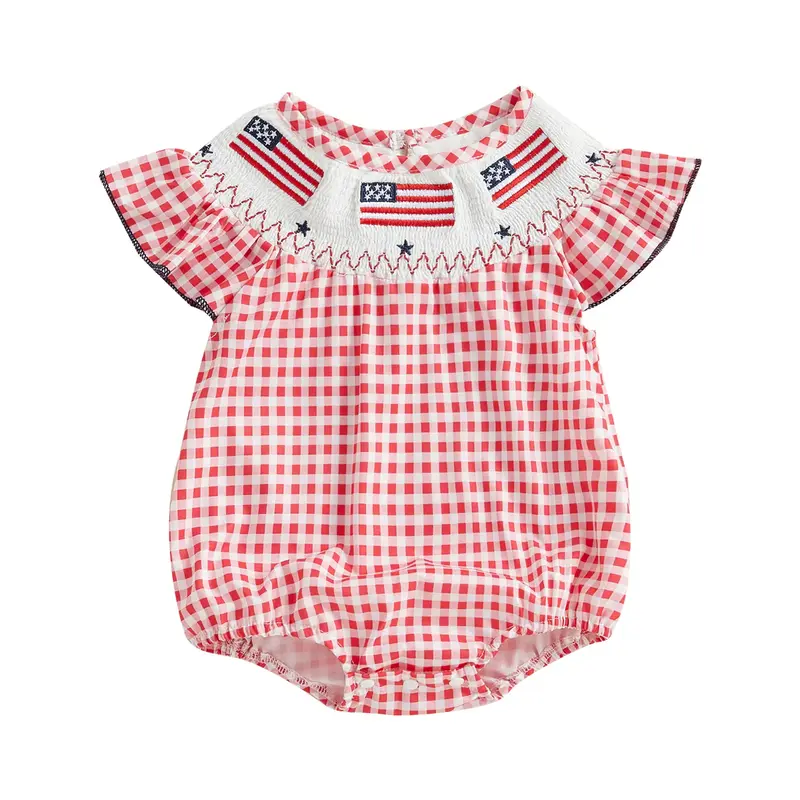 4th Of July Baby Girl Outfits Newborn Usa Flag Smocked Romper Infant Patriotic Plaid Print Buuble Onesie Toddler Summer T Shi...