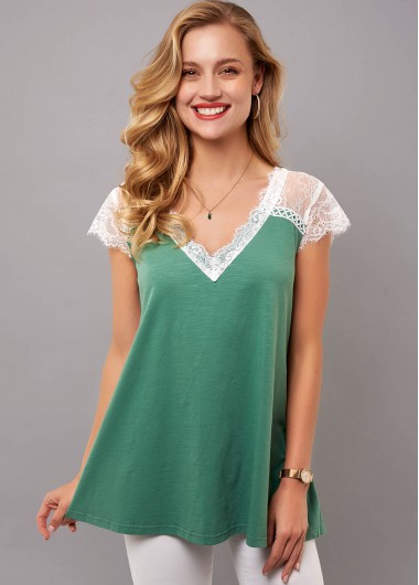 Modlily Lace Stitching V Neck Short Sleeve T Shirt - M