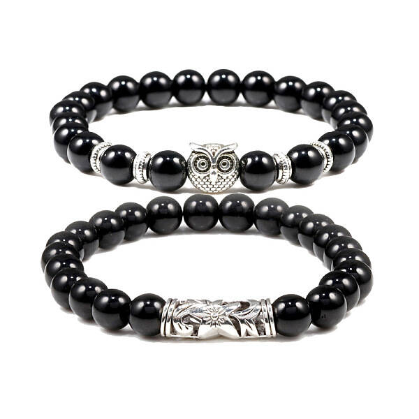 2Pcs Couple Alloy Star Owl & Synthetic Turquoise Stretch Bracelets Sets