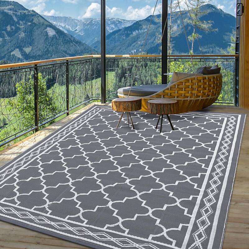 Garvee Outdoor Grey 10x20 Rug Reversible Waterproof Lightweight Polypropylene UV Fade Resistant Patio Deck RV Picnic Mat
