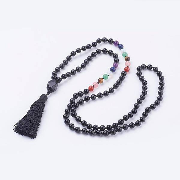 Natural Dyed & Heated Black Agate Tassel Pendant Necklaces