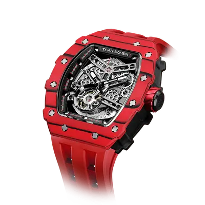 TSAR BOMBA Men's Automatic Watch | Carbon Fiber Luxury Skeleton Wristwatch | Bull Red | Elemental TB8208CF | Tonneau Mechanic...