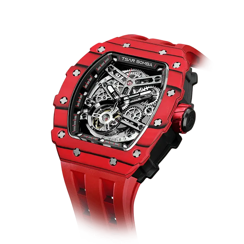 TSAR BOMBA Men's Automatic Watch | Carbon Fiber Luxury Skeleton Wristwatch | Bull Red | Elemental TB8208CF | Tonneau Mechanic...