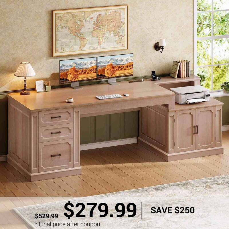 SEDETA ® 70.9 Inch Vintage Computer Desk with Printer Stand Power Outlet, Farmhouse Executive Home Office Desk, File Drawers...