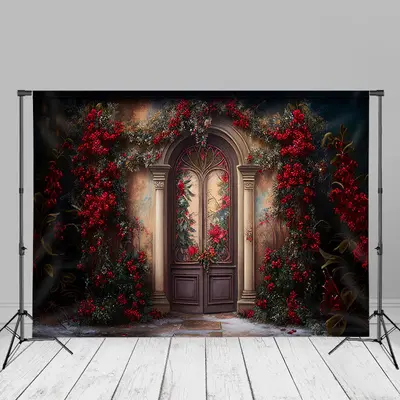 Classic Red Floral Door Portrait Photo Booth Backdrop - Aperturee