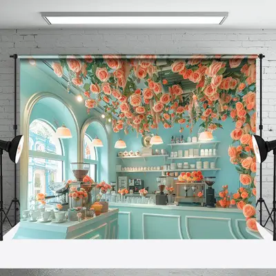 Bright Indoor Room Tiffany Green Floral Backdrop