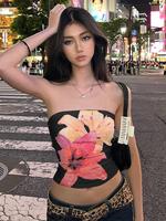 Women's Floral Print Backless Crop Tube Top, Trendy Fashion Fit Casual Sleeveless Top for Daily Outdoor Wear, Women's Clothes...