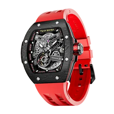 TSAR BOMBA Men's Automatic Skeleton Watch | Interchangeable Luxury Design | Black Red | Atomic TB8218 | Carbon Fiber