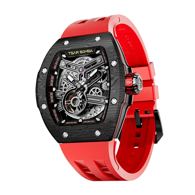 TSAR BOMBA Men's Automatic Skeleton Watch | Interchangeable Luxury Design | Black Red | Atomic TB8218 | Carbon Fiber