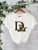 Women's Letter & Bear Print Round Neck Tee, Fashion Casual Crewneck T-shirt for Daily Holiday Vacation Outdoor Wear, Ladies C...