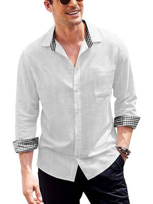 Long-Sleeve Cotton Linen Shirt (US Only), White / XXL
