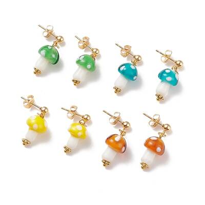 Handmade Lampwork Mushroom Dangle Stud Earrings